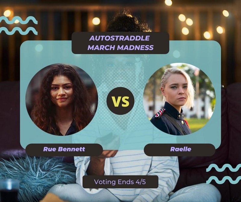 Background: a young Black woman smiling and watching TV with a remote in her hand, teal squiggles are illustrated on the sides of the photo. Foreground text in purple against a dark gray and teal background: Autostraddle March Madness / Rue Bennett vs. Raelle. Voting ends 4/5.