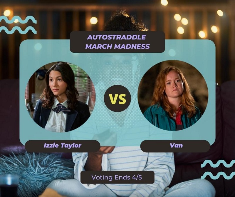 Background: a young Black woman smiling and watching TV with a remote in her hand, teal squiggles are illustrated on the sides of the photo. Foreground text in purple against a dark gray and teal background: Autostraddle March Madness / Izzie Taylor vs. Van. Voting ends 4/5.