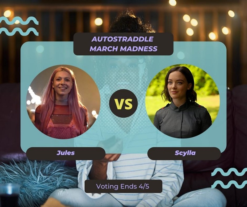 Background: a young Black woman smiling and watching TV with a remote in her hand, teal squiggles are illustrated on the sides of the photo. Foreground text in purple against a dark gray and teal background: Autostraddle March Madness / Jules vs. Scylla. Voting ends 4/5.