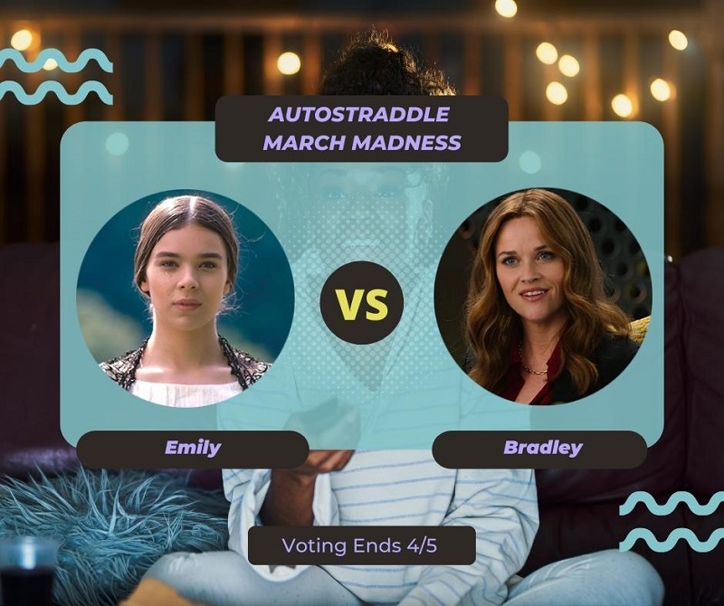 Background: a young Black woman smiling and watching TV with a remote in her hand, teal squiggles are illustrated on the sides of the photo. Foreground text in purple against a dark gray and teal background: Autostraddle March Madness / Emily vs. Bradley. Voting ends 4/5.