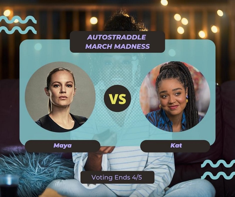 Background: a young Black woman smiling and watching TV with a remote in her hand, teal squiggles are illustrated on the sides of the photo. Foreground text in purple against a dark gray and teal background: Autostraddle March Madness / Maya vs. Kat. Voting ends 4/5.