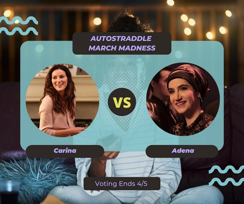 Background: a young Black woman smiling and watching TV with a remote in her hand, teal squiggles are illustrated on the sides of the photo. Foreground text in purple against a dark gray and teal background: Autostraddle March Madness / Carina vs. Adena. Voting ends 4/5.