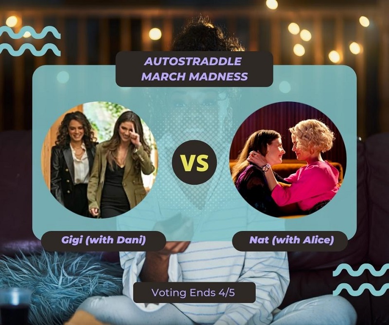 Background: a young Black woman smiling and watching TV with a remote in her hand, teal squiggles are illustrated on the sides of the photo. Foreground text in purple against a dark gray and teal background: Autostraddle March Madness / Gigi Ghorbani (with Dani) vs. Nat Bailey (with Alice). Voting ends 4/5.