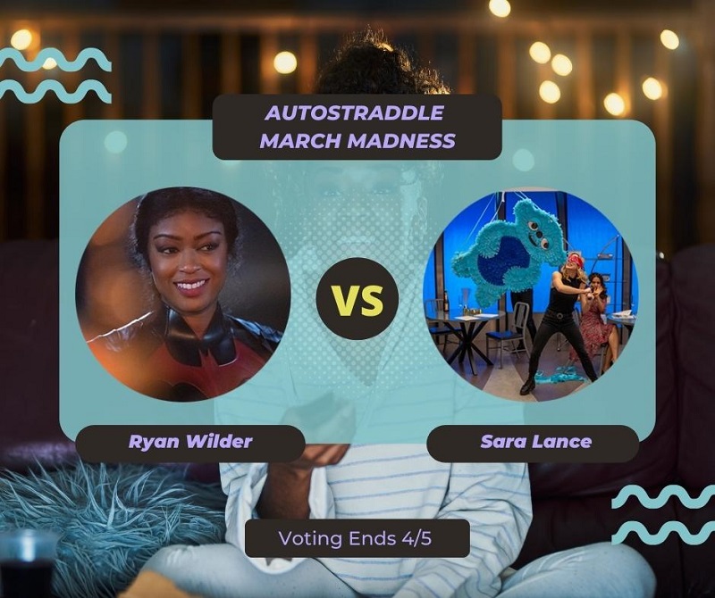 Background: a young Black woman smiling and watching TV with a remote in her hand, teal squiggles are illustrated on the sides of the photo. Foreground text in purple against a dark gray and teal background: Autostraddle March Madness / Ryan Wilder vs. Sara Lance. Voting ends 4/5.