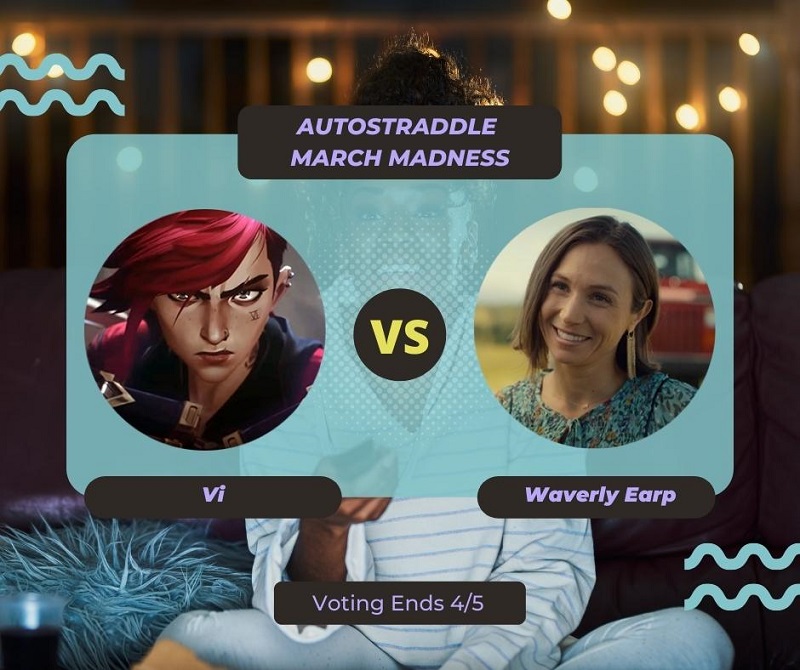 Background: a young Black woman smiling and watching TV with a remote in her hand, teal squiggles are illustrated on the sides of the photo. Foreground text in purple against a dark gray and teal background: Autostraddle March Madness / Vi vs. Waverly Earp. Voting ends 4/5.