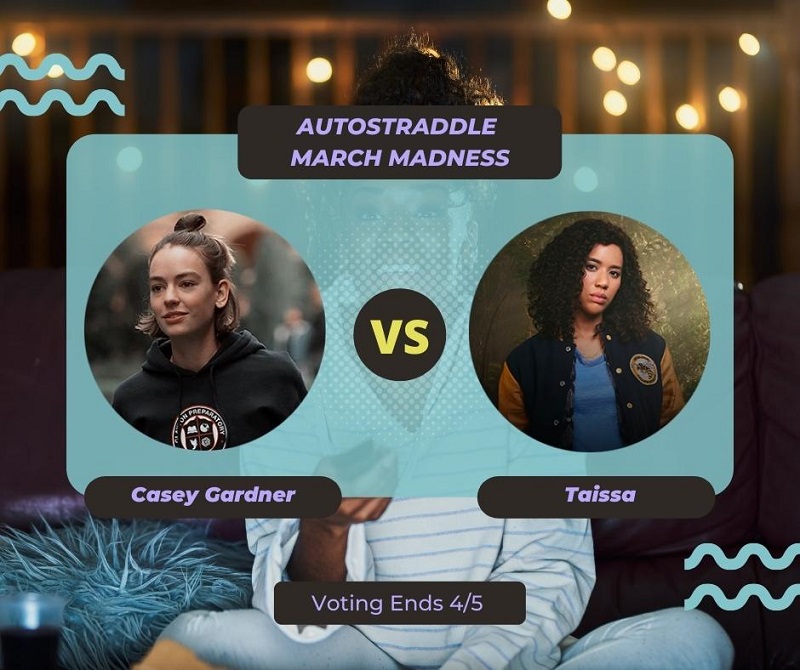 Background: a young Black woman smiling and watching TV with a remote in her hand, teal squiggles are illustrated on the sides of the photo. Foreground text in purple against a dark gray and teal background: Autostraddle March Madness / Casey Gardner vs. Taissa. Voting ends 4/5.