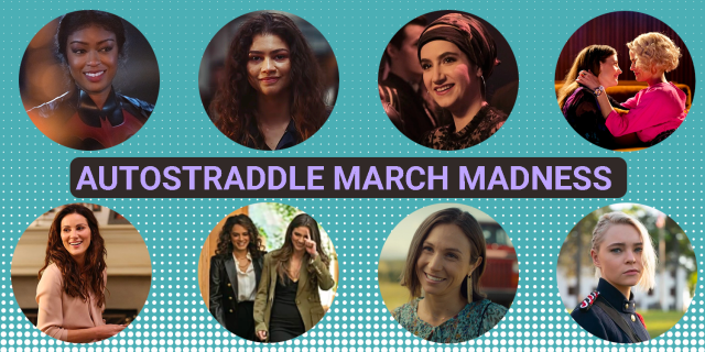 Feature: Teal background with purple font that says "Autostraddle March Madness." Eight photos cropped into circles of different characters in the poll.