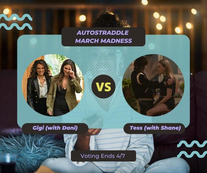 Background: a young Black woman smiling and watching TV with a remote in her hand, teal squiggles are illustrated on the sides of the photo. Foreground text in purple against a dark gray and teal background: Autostraddle March Madness / Gigi (with Dani) vs. Tess (with Shane). Voting ends 4/7.