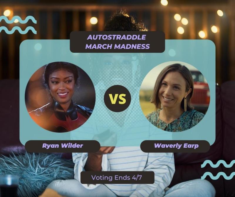 Background: a young Black woman smiling and watching TV with a remote in her hand, teal squiggles are illustrated on the sides of the photo. Foreground text in purple against a dark gray and teal background: Autostraddle March Madness / Ryan Wilder vs. Waverly Earp. Voting ends 4/7.
