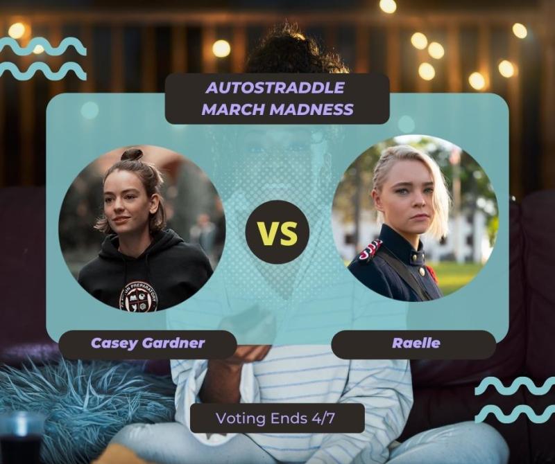 Background: a young Black woman smiling and watching TV with a remote in her hand, teal squiggles are illustrated on the sides of the photo. Foreground text in purple against a dark gray and teal background: Autostraddle March Madness / Casey Gardner vs. Raelle. Voting ends 4/7.