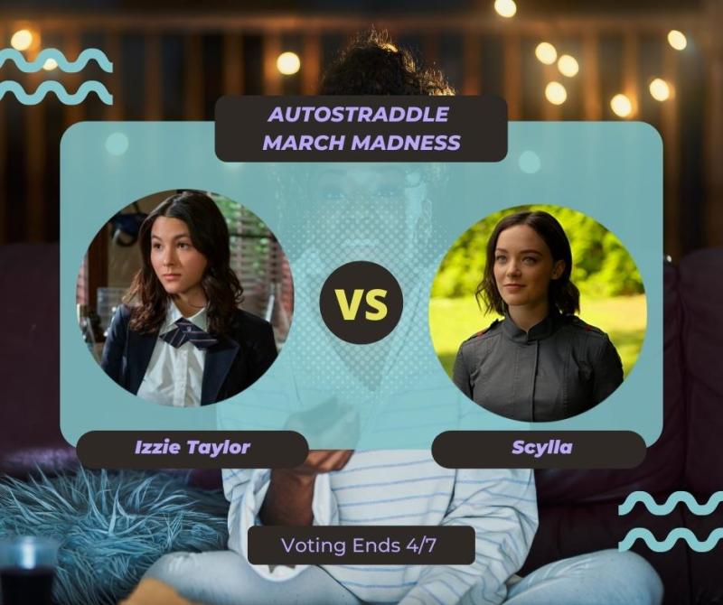 Background: a young Black woman smiling and watching TV with a remote in her hand, teal squiggles are illustrated on the sides of the photo. Foreground text in purple against a dark gray and teal background: Autostraddle March Madness / Izzie Taylor vs. Scylla. Voting ends 4/7.