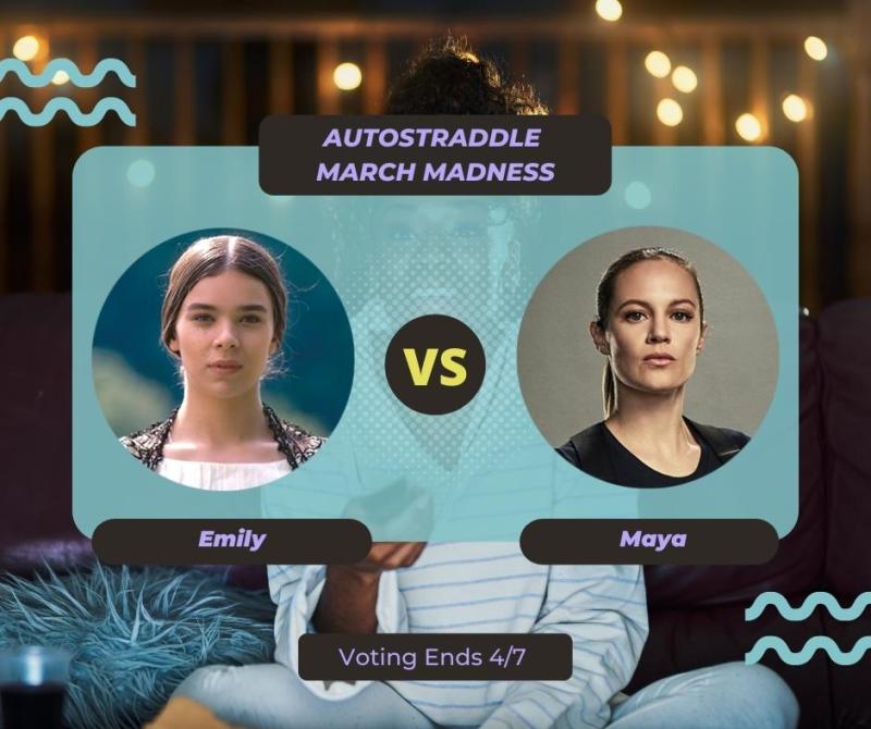 Background: a young Black woman smiling and watching TV with a remote in her hand, teal squiggles are illustrated on the sides of the photo. Foreground text in purple against a dark gray and teal background: Autostraddle March Madness / Emily vs. Maya. Voting ends 4/7.