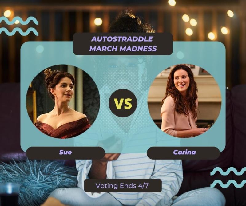 Background: a young Black woman smiling and watching TV with a remote in her hand, teal squiggles are illustrated on the sides of the photo. Foreground text in purple against a dark gray and teal background: Autostraddle March Madness / Sue vs. Carina. Voting ends 4/7.