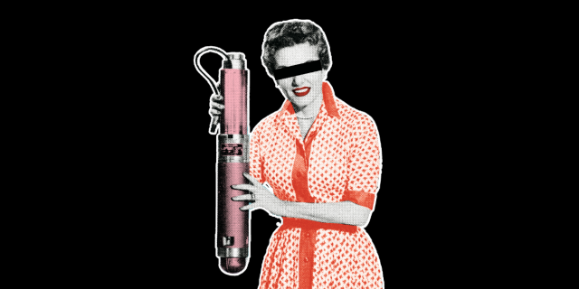 A vintage black and white photo of a woman is set against a black background. The only visible color is red. She is wearing red lipstick and a red patterned dress. She has a black bar across her eyes and is holding a giant, half as big as her, vibrator.