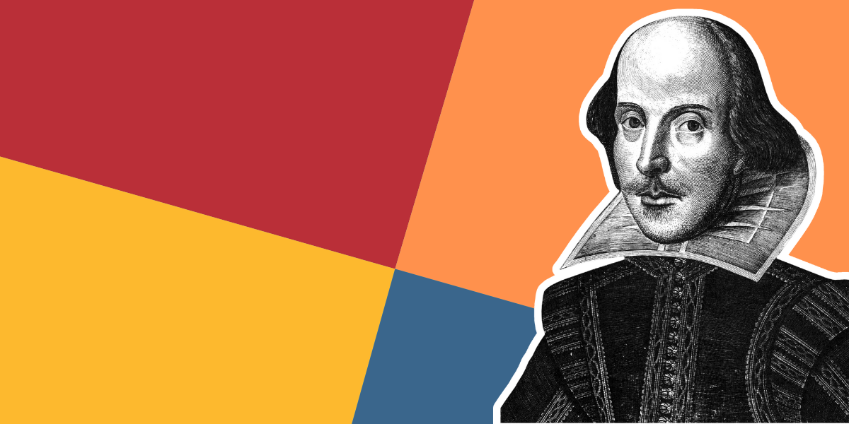 A cartoon of Shakespeare sits against a multicolored background.