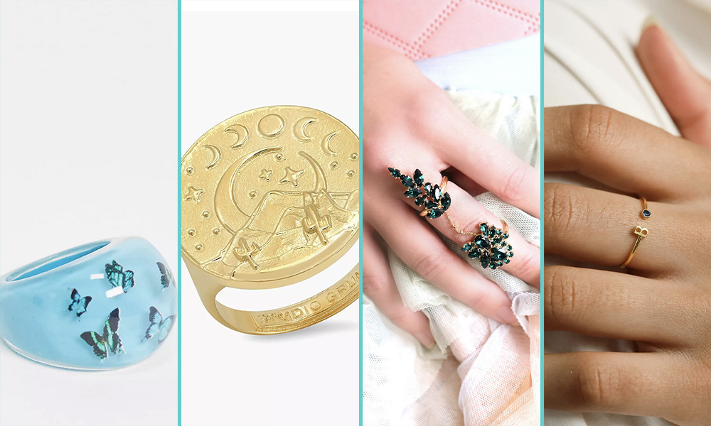 Spring Jewelry Guide Photo 1: A blue plastic ring with butterflies on it. Photo 2: A gold signet ring with an image of the desert on it. Photo 3: A large emerald cocktail ring. Photo 4: A small gold ring with an initial and a birthstone on it.
