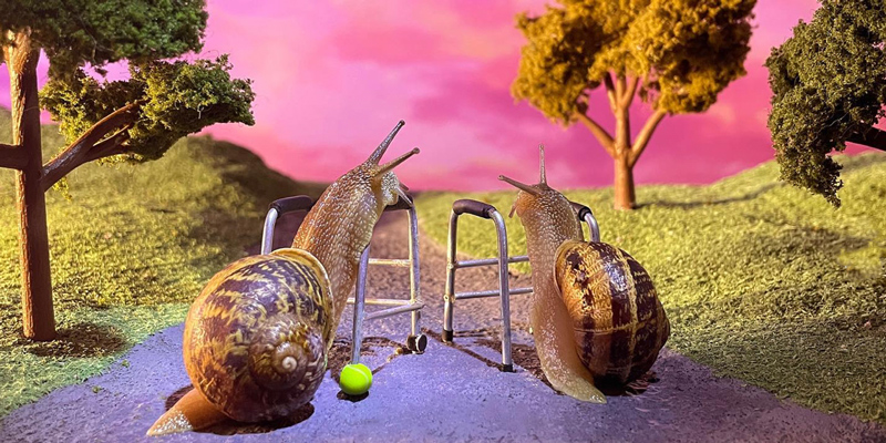 Two mini snails are placed in front of metal walkers on a set with purple concrete (they are walking on the concrete) and miniature trees and a pink sky.