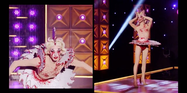 RuPaul's Drag Race Recap 1413: Side by side images of Bosco on the runway in her buzzaw ballerina look with a saw going through her waist, saws in her shoulders, and a saw down her head. In one image she pliés and the other she places her hand on her head.