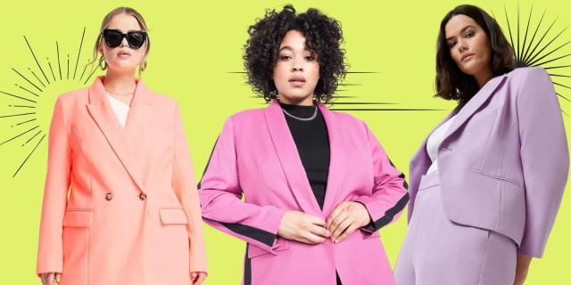 A bright yellow background with three plus size women collaged in front, left to right: A white woman in sunglasses and a pale orange suit, a light skinned black woman with an afro and bright pink suit and black turtleneck, a brown skin woman with a pale purple suit and a brunette bob standing off to the side facing the camera from the right.