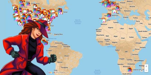 Carmen San Diego super imposed in front of a world map with blue ocean that highlights all queer businesses in a pixelated rainbow