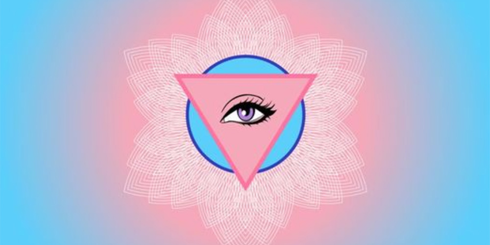 An illustration showing a pink flower against a blue background. Inside the flower is a blue circle, inside of which is a pink triangle. Inside the triangle is an eye with makeup and long lashes.