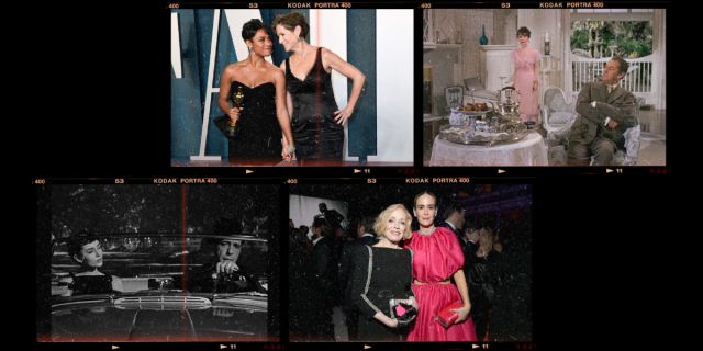 Photo 1: Ariana DeBose, with the award for Best Actress in a Supporting Role for her performance in "West Side Story", poses with Sue Makkoo as they attends the 2022 Vanity Fair Oscar Party following the 94th Oscars. They are both wearing black dresses. Photo 2: In the movie My Fair Lady, Audrey Hepburn us wearing a pink dress and standing. Photo 3: In the black-and-white movie Sabrina, Audrey Hepburn sits in a car next to Humphrey Bogart, who is driving. Photo 4: Holland Taylor and Sarah Paulson attend the 2019 Vanity Fair Oscar Party. Holland is wearing a black dress, and Sarah is wearing a pink poofy dress and holding a pink clutch.