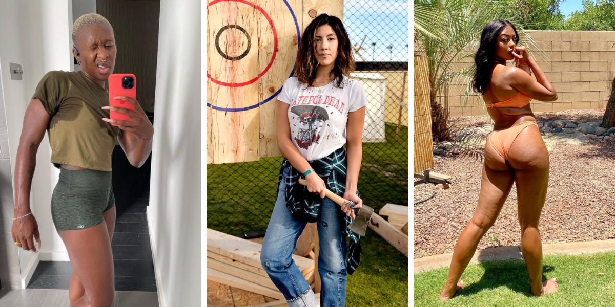 Photo 1: Cynthia Erivo is in a green workout set and is sweating while taking a post-run mirror selfie. Photo 2: Stephanie Beatriz holds an axe while wearing a Grateful Dead shirt and flannel. Photo 3: Javicia Leslie is wearing an orange bikini and standing in grass.