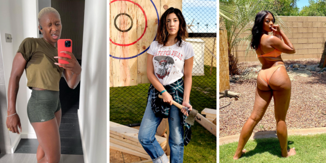 Photo 1: Cynthia Erivo is in a green workout set and is sweating while taking a post-run mirror selfie. Photo 2: Stephanie Beatriz holds an axe while wearing a Grateful Dead shirt and flannel. Photo 3: Javicia Leslie is wearing an orange bikini and standing in grass.