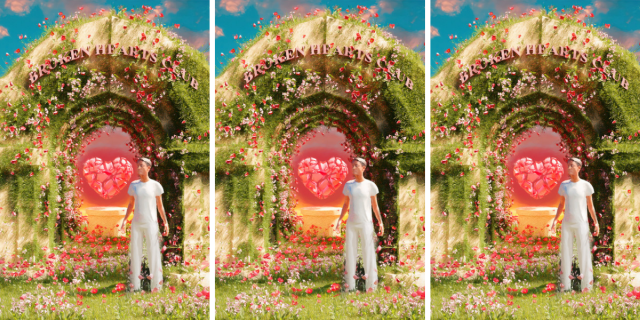 The album cover for Syd's Broken Hearts Club features a flower arch with the words Broken Hearts Club on it and a claymation person standing next to a shattered heart.