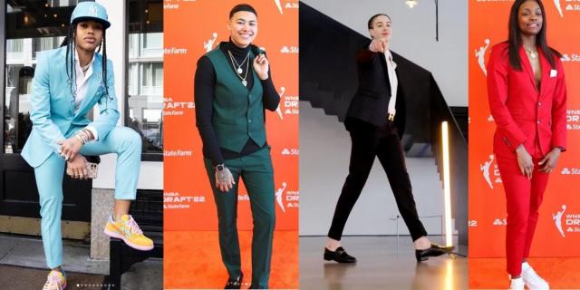 A collage of WNBA Draft Picks, left to right: Destanni Henderson in a light blue suit and matching baseball cap, leaning with leg up; Kierstan Bell in a three piece dark green suit with her jacket swung her her arm and a black turtleneck on the WNBA orange carpet, Emily Engstler walking into the arena in a black suit and loafters, pointing at the camera, and Nalyssa Smith in a red suit with no shirt underneath the jacket and Jordans.