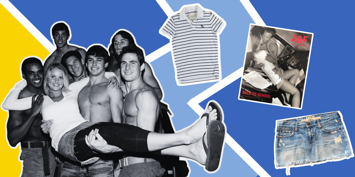 Graphic by Autostraddle, Image of woman being held by shirtless men by David Pomponio/FilmMagic for Paul Wilmot Communications. Graphic contains collage of images related to Abercrombie including a denim mini-skirt, polo shirt, A&F Quarterly