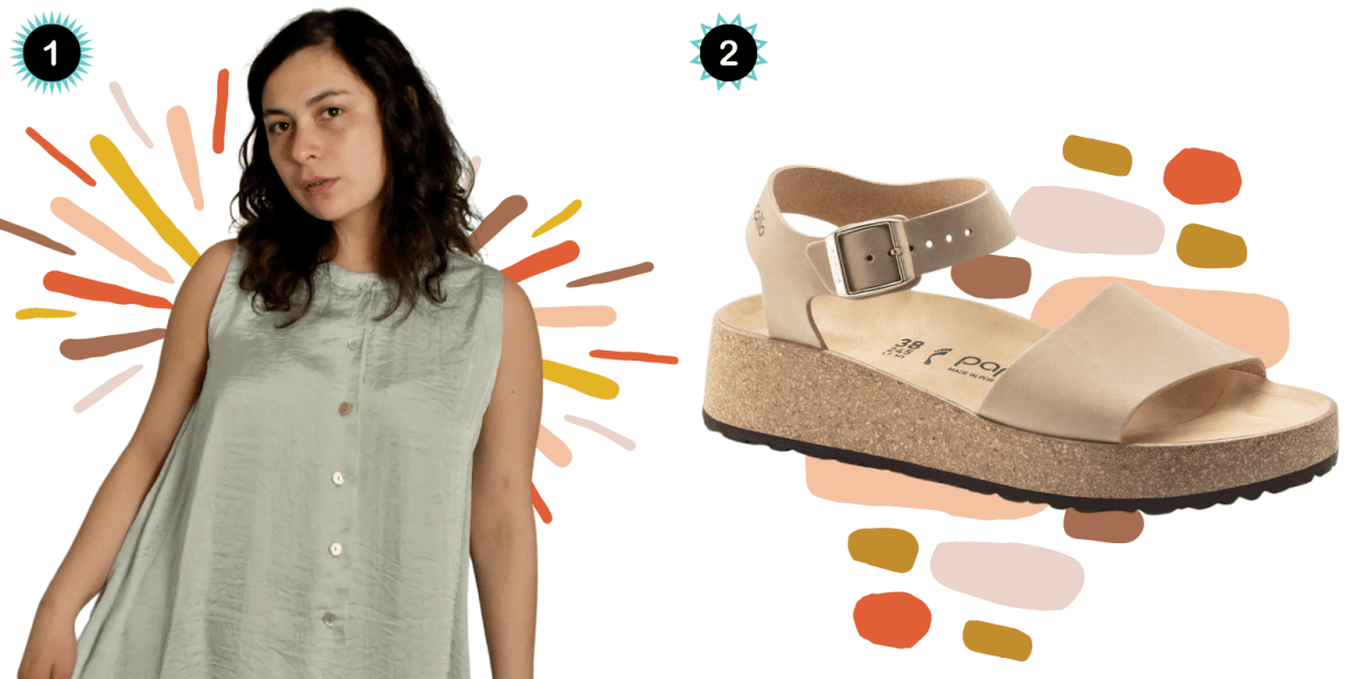 Photo 1: A pale green loose dress with a button front. Photo 2: A beige strappy, wedge heeled Birkenstock