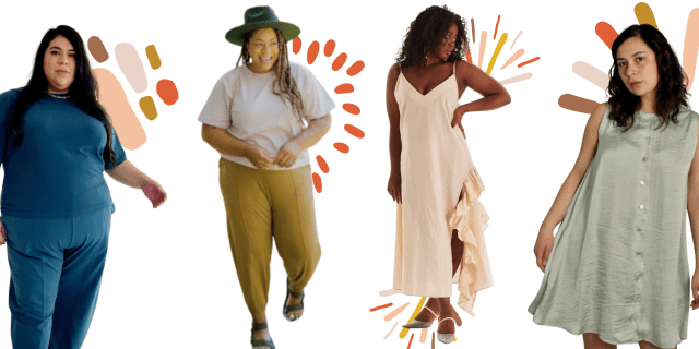 Photo 1: A royal blue t-shirt over royal blue pants. Photo 2: A pale pink t-shirt over mustard pants. Photo 3: A pale pink linen maxi dress. Photo 4: A pale green flowy dress with a button front.