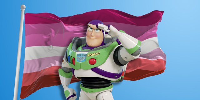 Budd Lightyear standing in front of a waving lesbian flag and saluting