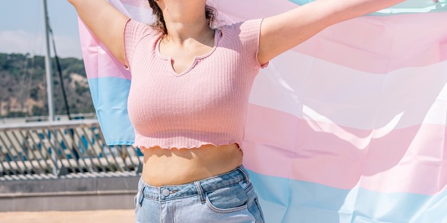 A light skinned person holds a trans flag behind them while facing a bright day. The frame captures the their neck down to their waist. They wear a pink shirt and blue shorts, to match the trans flag, which is blue, pink, and white.