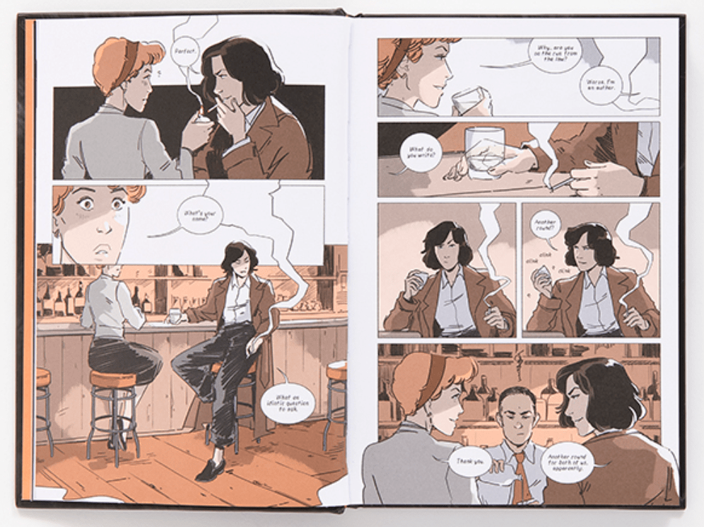 A page from Flung Out of Space depicting Highsmith flirting in a bar