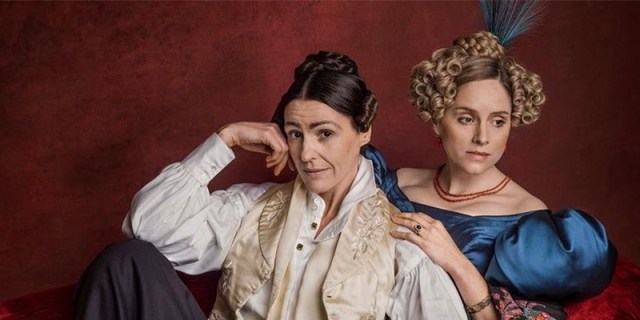 Anne Lister and Ann Walker in period costumes against a red background
