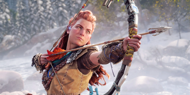 Aloy draws her bow and looks intensely at her target