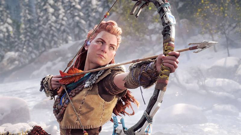 Aloy draws her bow and looks intensely at her target