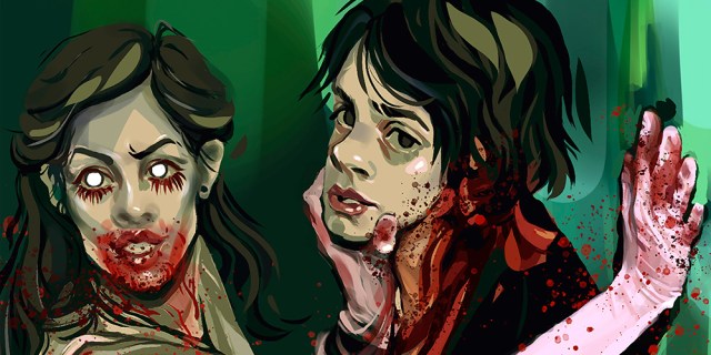 An illustration of the film Jennifer's Body, with a woman having a bloodied mouth while holding the face of of a boy in front of her.