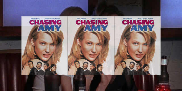 Chasing amy dvd cover overlaid on a still from the film with Alyssa in the booth with a woman. chasing amy queer