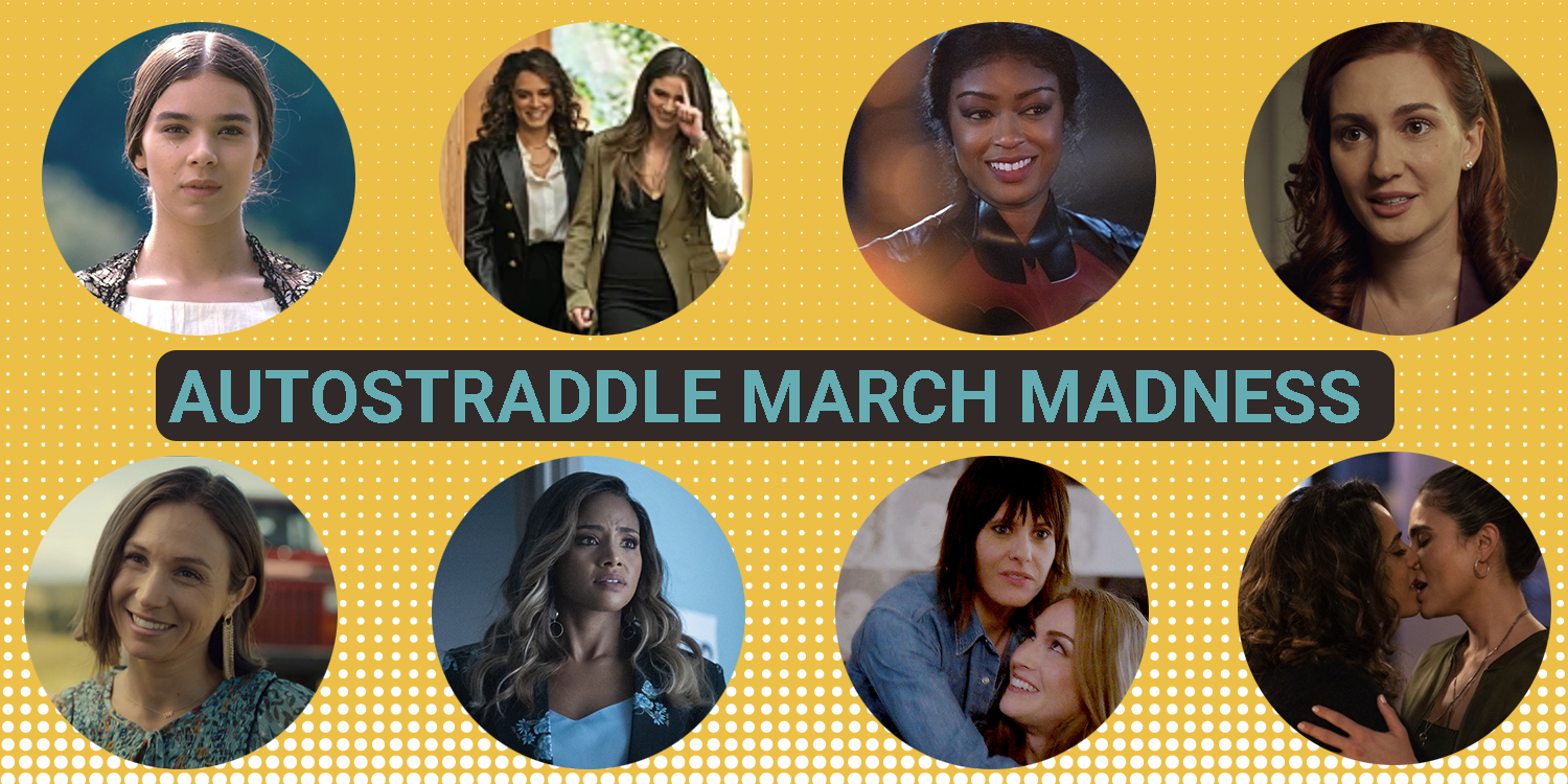 A gold background with teal font that reads AUTOSTRADDLE MAERCH MADNESS. Eight photos cut out as circles: Emily Dickinson, Dani and Gigi, Ryan Wilder, Nicole Haught, Waverly Earp, Shane and Tess, Sophie Moore, and Gigi and Dani again