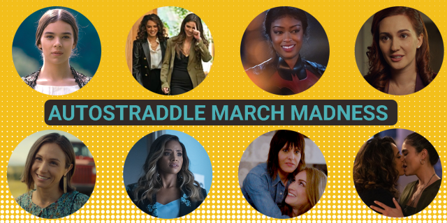 A gold background with teal font that reads AUTOSTRADDLE MAERCH MADNESS. Eight photos cut out as circles: Emily Dickinson, Dani and Gigi, Ryan Wilder, Nicole Haught, Waverly Earp, Shane and Tess, Sophie Moore, and Gigi and Dani again
