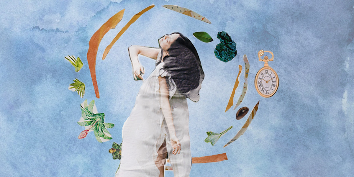 A collage with a blue, painted background. In the center is a figure of a white femme dressed in a flowing white nightgown, leaning back, looking up. Around them swirl collaged elements including greenery and an eye, and significantly, a pocket watch.