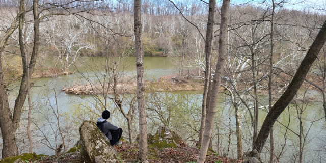 An unknown person in a black beanie hat with a tuft of blonde hair and a dark grey jacket sits on the banks of the Potomac River with trees that have yet to spring new leaves. It's a bright, clear day.