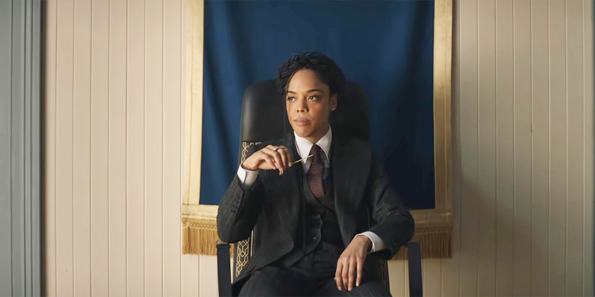 Tessa Thompson in a black suit