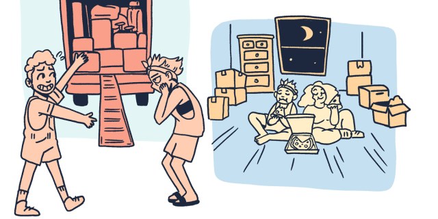 In blue and coral pastels, a two panel comic. In one two queers are loading a U-Haul while yelling at each other, in another, once moved in, the two queers eat a piece of pizza.