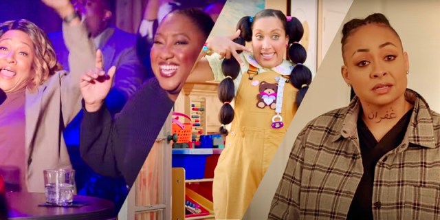 In a three way collage, from A Black Lady Sketch Show: Wanda Sykes and Ashley Nicole Black laugh together at a nightclub, Robin Thede dressed as a toddler makes a hand sign as if to say what's up, and Raven Simone in a green flannel and braids away from her face looks confused.