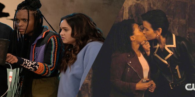 In a two split collage, the first image: Lourdes, Nathan, Anthony, Jacob, Naomi and Annabelle work together to track down Naomi's parents, Dee, Zumbado and Akira, who have been kidnapped. The second image: In Charmed, Roxy holds Ruby's chin and plants one on her.