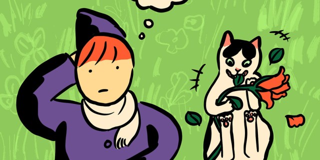 A cartoon drawing of Yao, who has red short hair in a pixie cut, a purple shirt and pointy purple hat, and cream scarf, laying on the grass with their cat. They are thinking in a thought bubble.